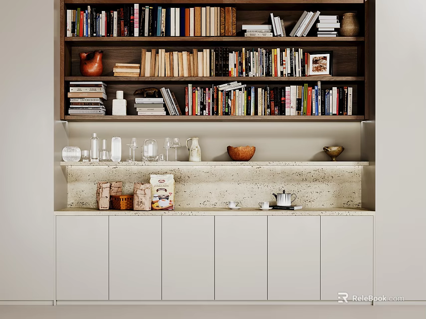 Modern Decorative Cabinet with Bookshelves Stone Countertop Books Vases and Bowls on 3d model 