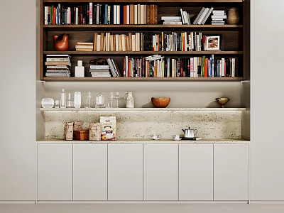 Modern Decorative Cabinet with Bookshelves Stone Countertop Books Vases and Bowls on 3d model