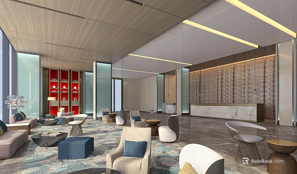 Hotel Lobby With Wooden Ceiling Yellow Light Strips Red Bookshelves And Marble Reception Desk 3d model 