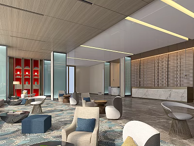 Hotel Lobby With Wooden Ceiling Yellow Light Strips Red Bookshelves And Marble Reception Desk 3d model