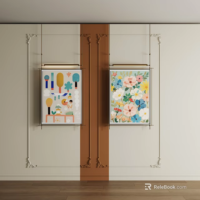 Abstract Paintings with Floral and Geometric Patterns Hanging on Wall with Frames 3d model