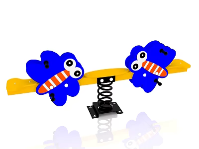 Colorful Children Playground Seesaw With Blue Cartoon Figures And Spring Base 3d model