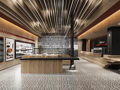 Modern Dessert Shop Interior With Display Cases Wooden Counter And Decorative Wall 3d model