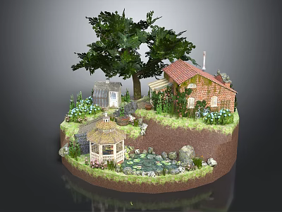 Charming Log Cabin Surrounded By Large Tree Small Shed Pond Stones And Flowers 3d model