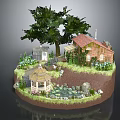 Charming Log Cabin Surrounded By Large Tree Small Shed Pond Stones And Flowers