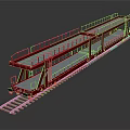 Red Multi Layer Railway Transport Trailer With Guardrails And Platform Structure On Rail Tracks 3d model