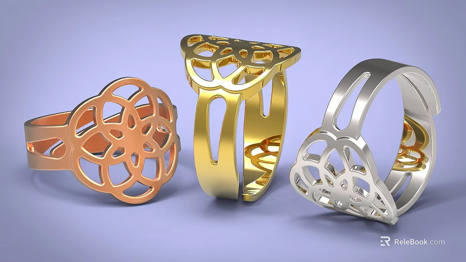 Elegant Rose Gold Gold And Silver Openwork Pattern Rings Fine Jewelry Design 3d model 