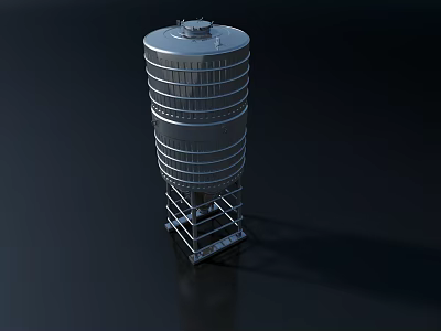 Silver Cylindrical Industrial Storage Tank with Multi Layered Structure and Metal Support Frame 3d model