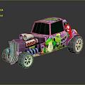 Purple Custom Car With Cartoon Patterns Green Dinosaur Pink Mushroom And Turbocharger