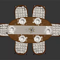 Round Wooden Dining Table Set with Six Upholstered Chairs Tableware and Flower Vase