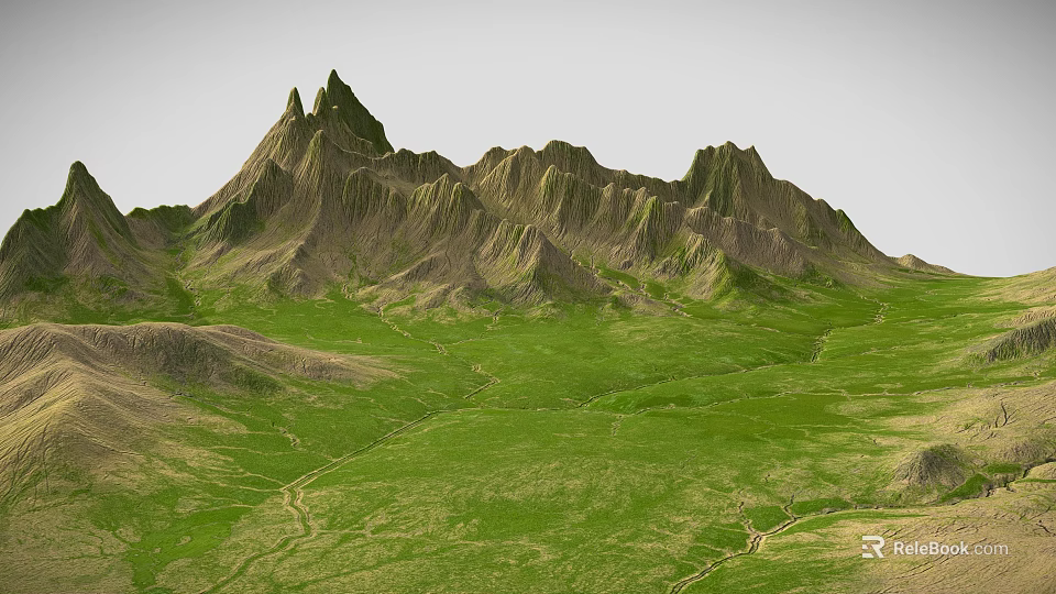 Scenic Mountain Range With Sharp Peaks Green Grasslands And Winding Paths 3d model 