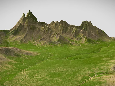 Scenic Mountain Range With Sharp Peaks Green Grasslands And Winding Paths 3d model