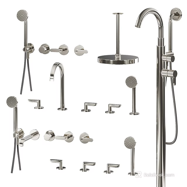 Various Styles Of Contemporary Bathroom Faucets With Shower Heads And Taps 3d model 