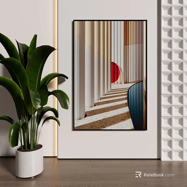 Modern Interior Featuring Green Plant Abstract Painting And Geometric Wall Design 3d model 