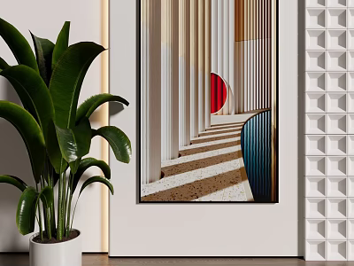 Modern Interior Featuring Green Plant Abstract Painting And Geometric Wall Design 3d model
