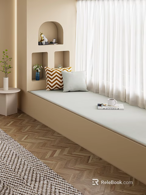 Cozy Beige Window Seat With Chevron Light Gray Pillows Side Table Green Plant White Curtains 3d model 