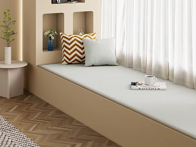 Cozy Beige Window Seat With Chevron Light Gray Pillows Side Table Green Plant White Curtains 3d model