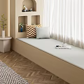 Cozy Beige Window Seat With Chevron Light Gray Pillows Side Table Green Plant White Curtains