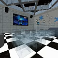 Modern KTV Open Space With Large Screen Snowflake Decorations Crystal Chandeliers And Blue Sofas 3d model