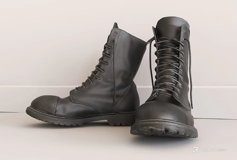 Black Leather Lace Up Boots With Durable Sole And Classic Design For Daily Wear 3d model 