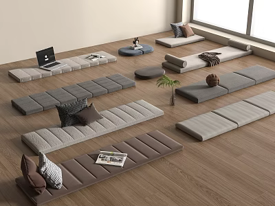 Modern Indoor Seating Space With Colored Cushions Wooden Floor And Decorative Items 3d model