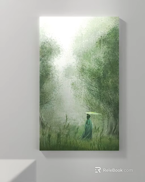 Person With Umbrella Walking In Rainy Green Forest With Lush Grass 3d model 