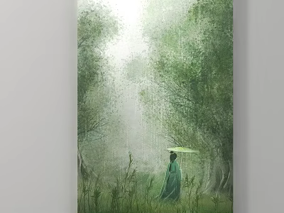 Person With Umbrella Walking In Rainy Green Forest With Lush Grass 3d model