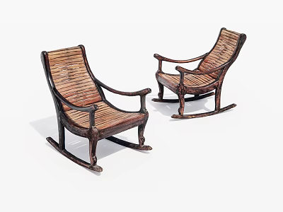 Two Classic Wooden Rocking Chairs With Wicker Seats And Curved Legs 3d model