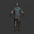 Man in Green Hoodie with Tattered Cloak Gloves and Dark Pants Standing on Gray Background