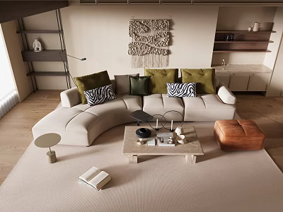 Modern Living Room With Curved Sofa Green Zebra Cushions Coffee Table Rug And Macrame Decor 3d model