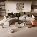 Modern Living Room With Curved Sofa Green Zebra Cushions Coffee Table Rug And Macrame Decor
