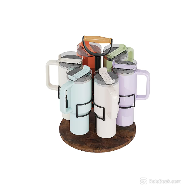 Colorful Vacuum Mugs Placed On Rotating Wooden Tray For Home Organization 3d model 