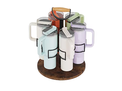 Colorful Vacuum Mugs Placed On Rotating Wooden Tray For Home Organization 3d model