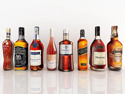 Various Branded Liquor Bottles and Wine Glasses Neatly Arranged with Reflective Surface and Labels 3d model