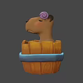 Cartoon Animal Character Wearing Pink Bath Cap in Wooden Barrel Tub With Water