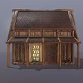 Cartoon Style Wooden Cottage With Tiled Roof And Wooden Awnings Windows And Potted Plants