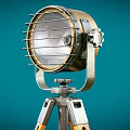 Vintage Metallic Tripod Mounted Searchlight With Reflector And Adjustable Legs On Teal Background