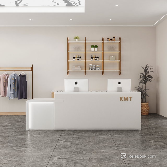 White Shop Front Desk With Two Apple Computers Wooden Shelves Hanging Clothes And KMT Sign Plant 3d model 