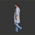 Man Doctor Wearing White Lab Coat Holding Blue Clipboard Walking On Gray Background