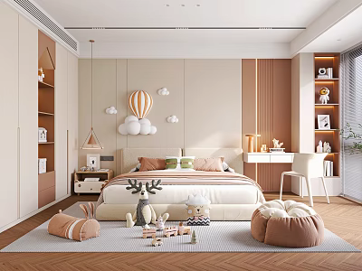 Children's Room Interior With Bed Toys Storage Shelves Hot Air Balloon Decor And Soft Lighting 3d model