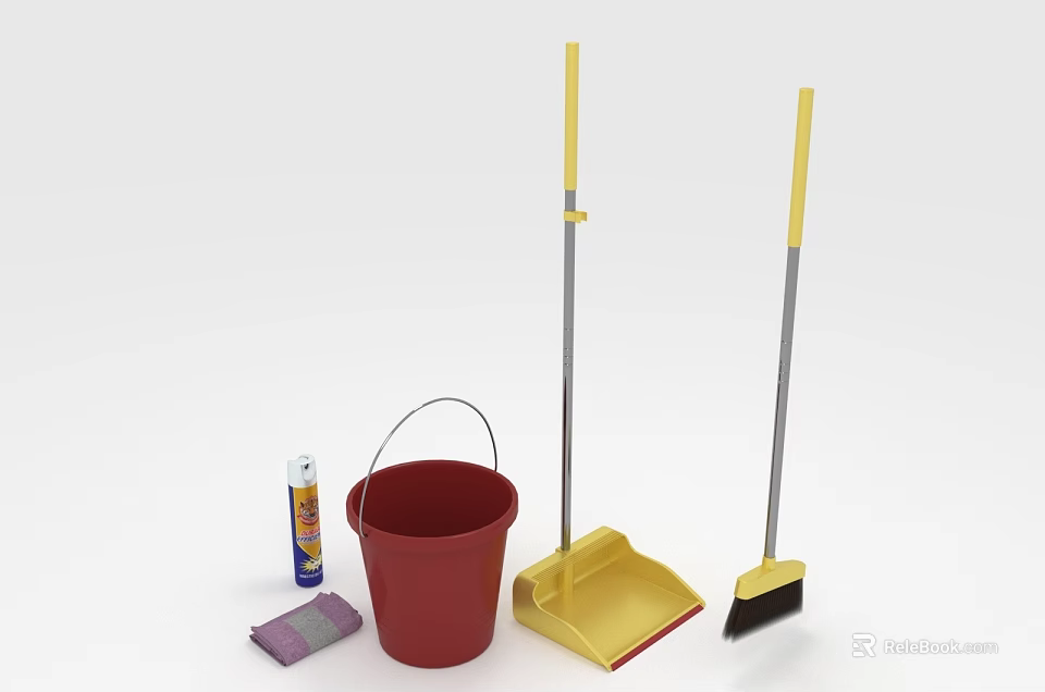 Essential Household Cleaning Supplies With Red Bucket Broom Dustpan Spray Bottle And Cloth 3d model 