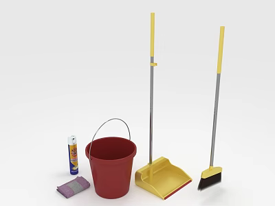 Essential Household Cleaning Supplies With Red Bucket Broom Dustpan Spray Bottle And Cloth 3d model