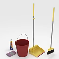Essential Household Cleaning Supplies With Red Bucket Broom Dustpan Spray Bottle And Cloth