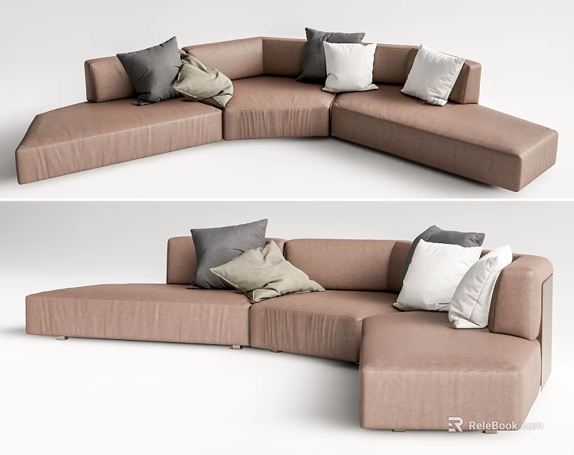 Comfortable Beige L shaped Sectional Sofa With Soft Fabric And Decorative Pillows 3d model 