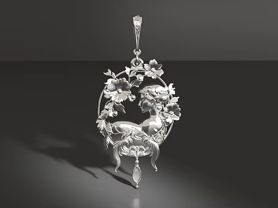 Intricate Silver Jewelry Pendant With Floral Accents And Female Figure Design 3d model