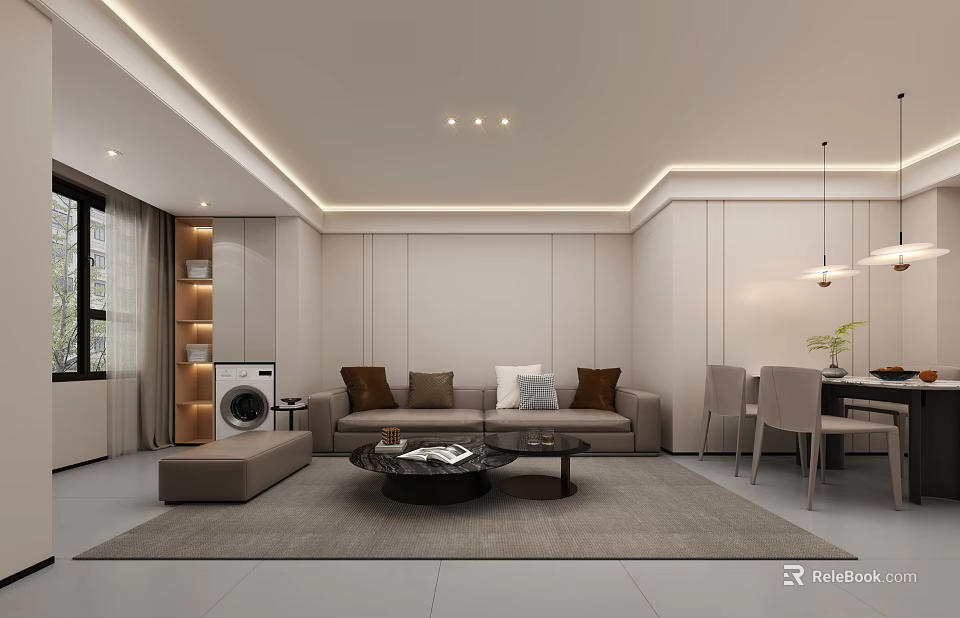 Modern Minimalist Living And Dining Room Interior With Sofa Coffee Table And Dining Set 3d model 