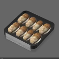 Eight Bread Rolls With White Powdered Surface On Black Tray