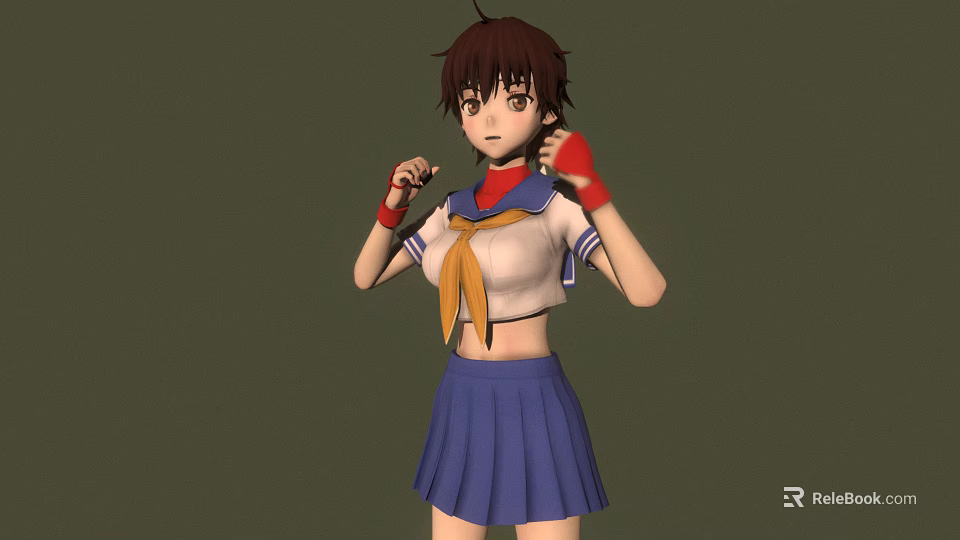 Anime Girl In Sailor Uniform Brown Short Hair Red Wristbands Fists Clenched Serious Green Background 3d model 