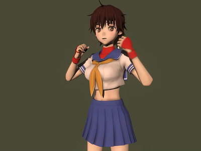 Anime Girl In Sailor Uniform Brown Short Hair Red Wristbands Fists Clenched Serious Green Background 3d model