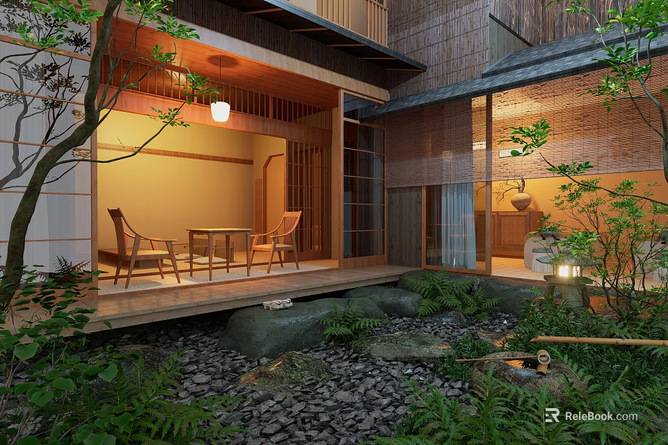 Traditional Japanese Garden Landscape Featuring Wooden Structure Stone Pathway Water Feature And Greenery 3d model 